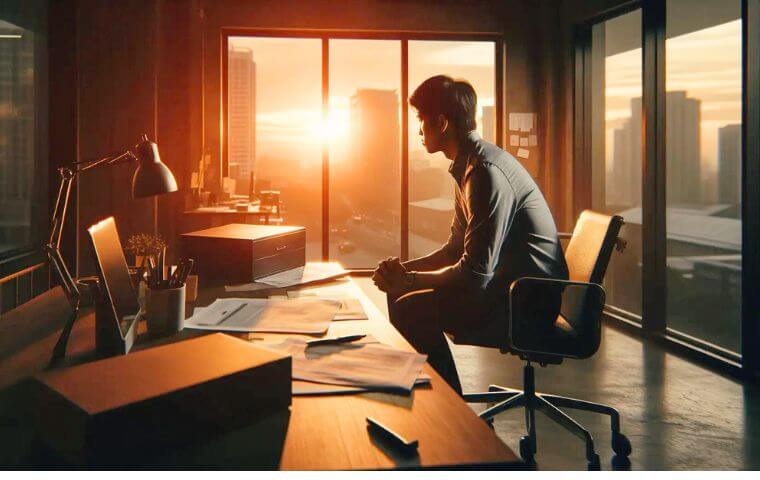 残業している男性。窓辺には夕日が見える。